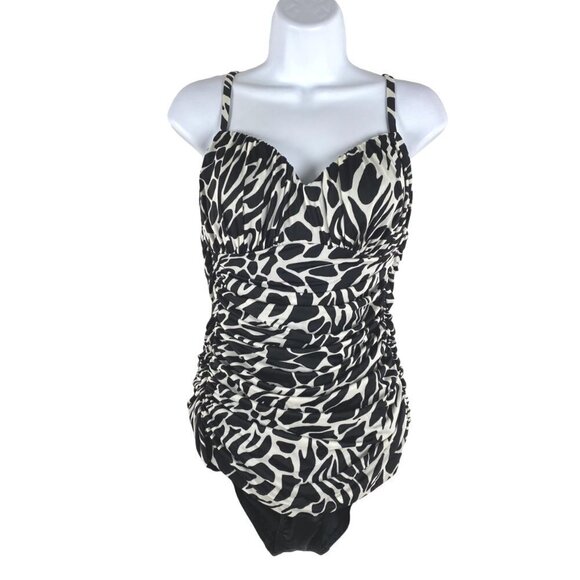 Miraclesuit One Piece Swimsuit Women's Size 10 Black White Print Ruched - Picture 1 of 8